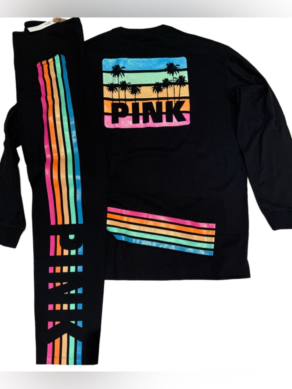 NEW VICTORIAS SECRET PINK BLING CAMPUS OVERSIZED L/S T SHIRT & LEGGINGS 2PC SET
